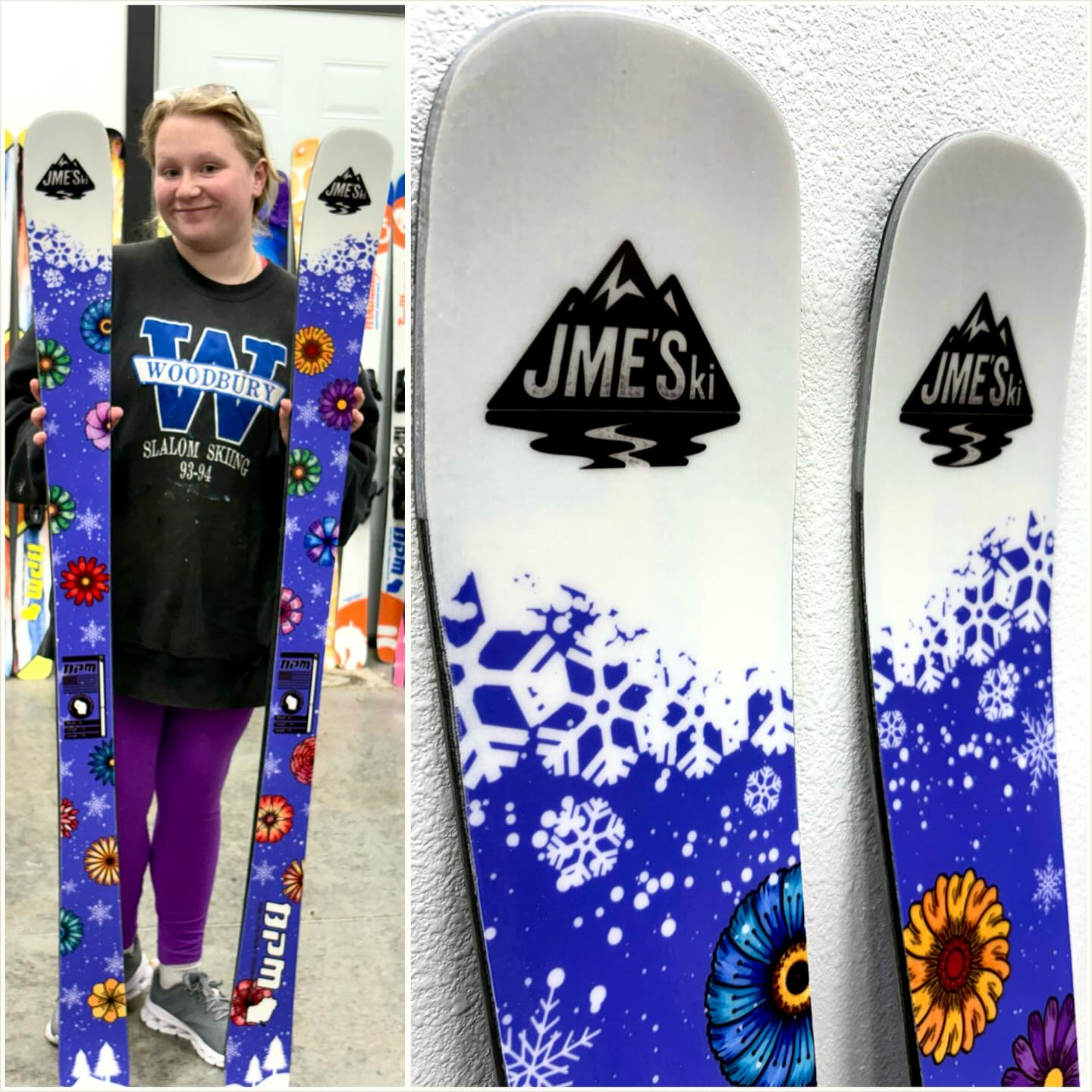 With snow on everyone’s radar the next pair seems fitting! Pair 2 of 4 from last weeks class was a custom pair of 85s with a snow/flower theme. Congrats Ellah on finishing your skis!