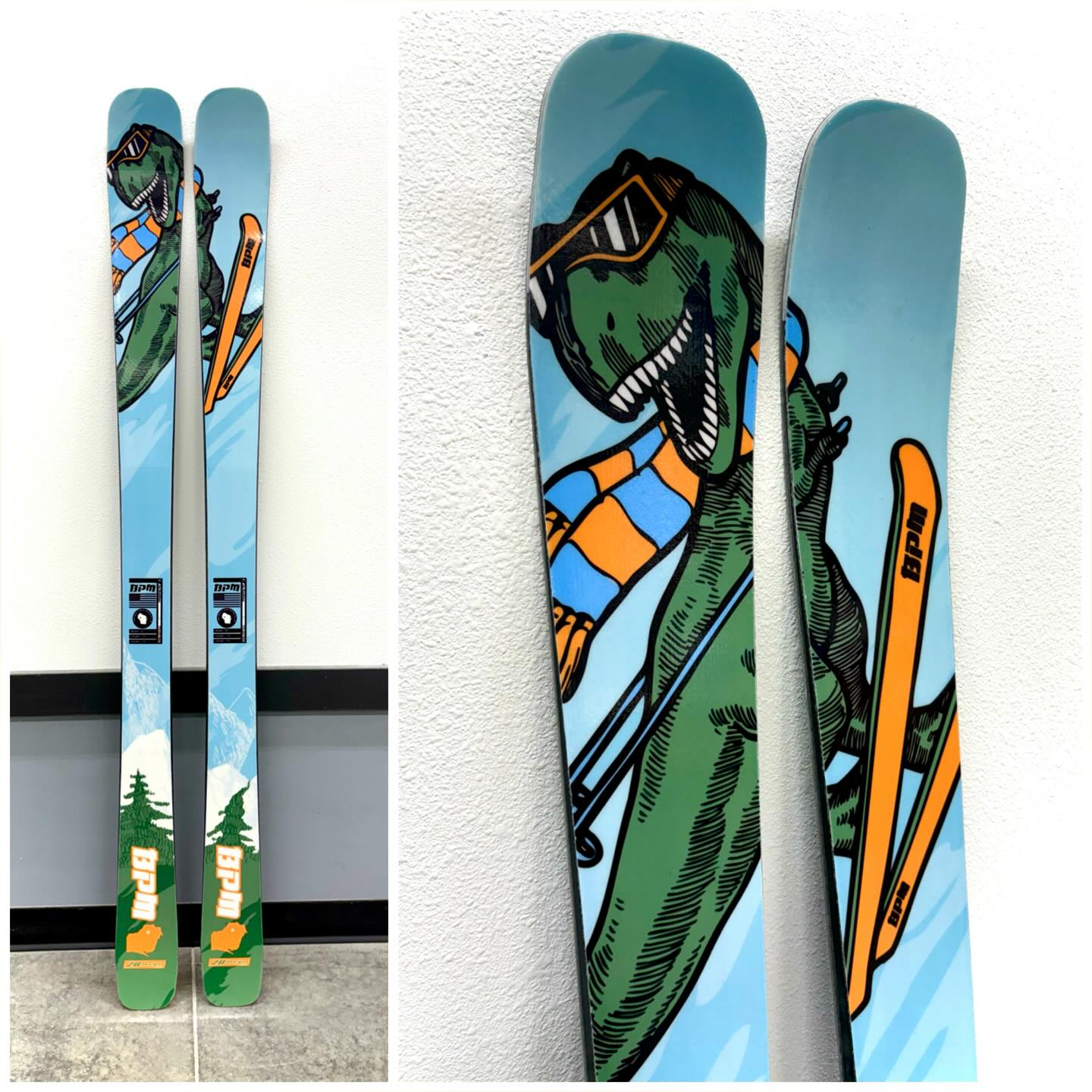 Last week Zach stopped in to pick up his new 95’s! He designed his own graphic covered with the “Shredosaurus”. Even the dinosaurs skis are BPM!